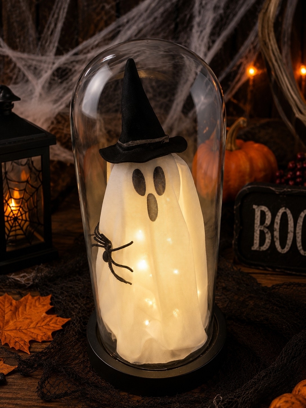 Halloween Lighted Ghost Glass Dome Witch Hat Spider Decor 9"